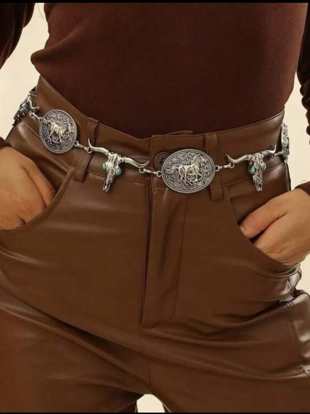 Western-Inspired Silver & Turquoise Concho Chain Belt NEW 🏷️